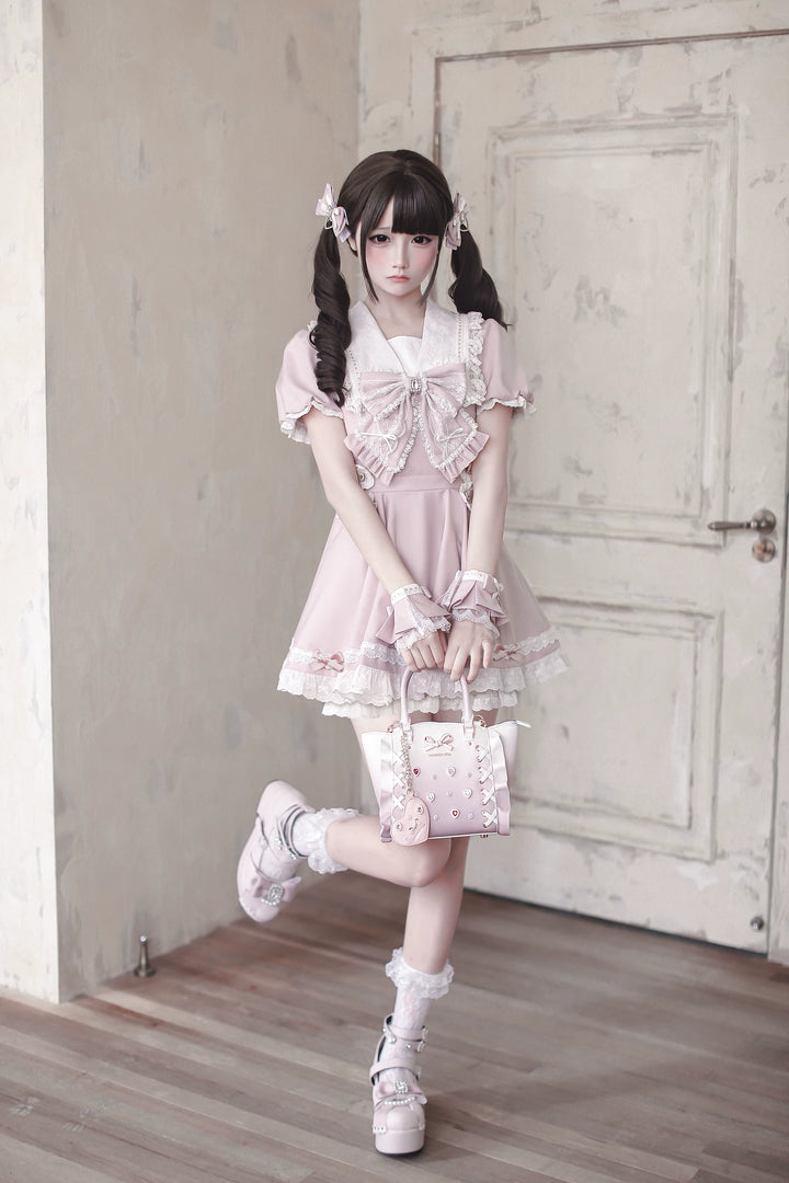 Pink High-waist Ryousangata Dress, Sailor Collar 44781:829333