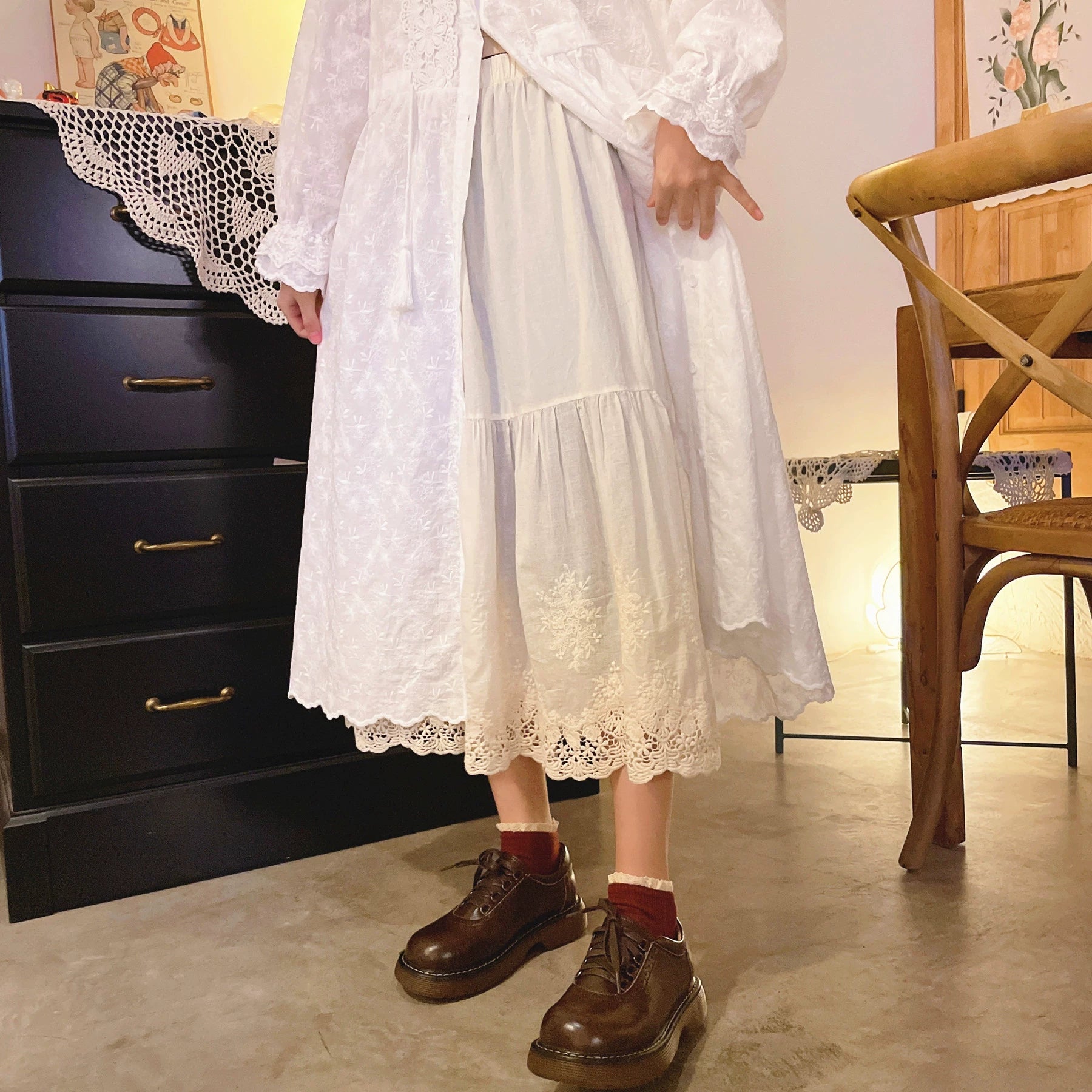 Mori Kei Underskirt Cotton Hollow Lace Spliced Skirt 36220:524634