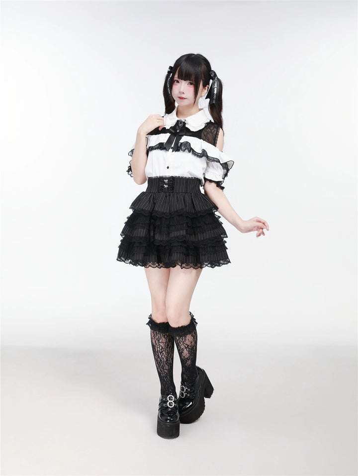 Jirai Kei Open Shoulder Lace Blouse, Pearl-Decorated Peter Pan Collar 43328:773832