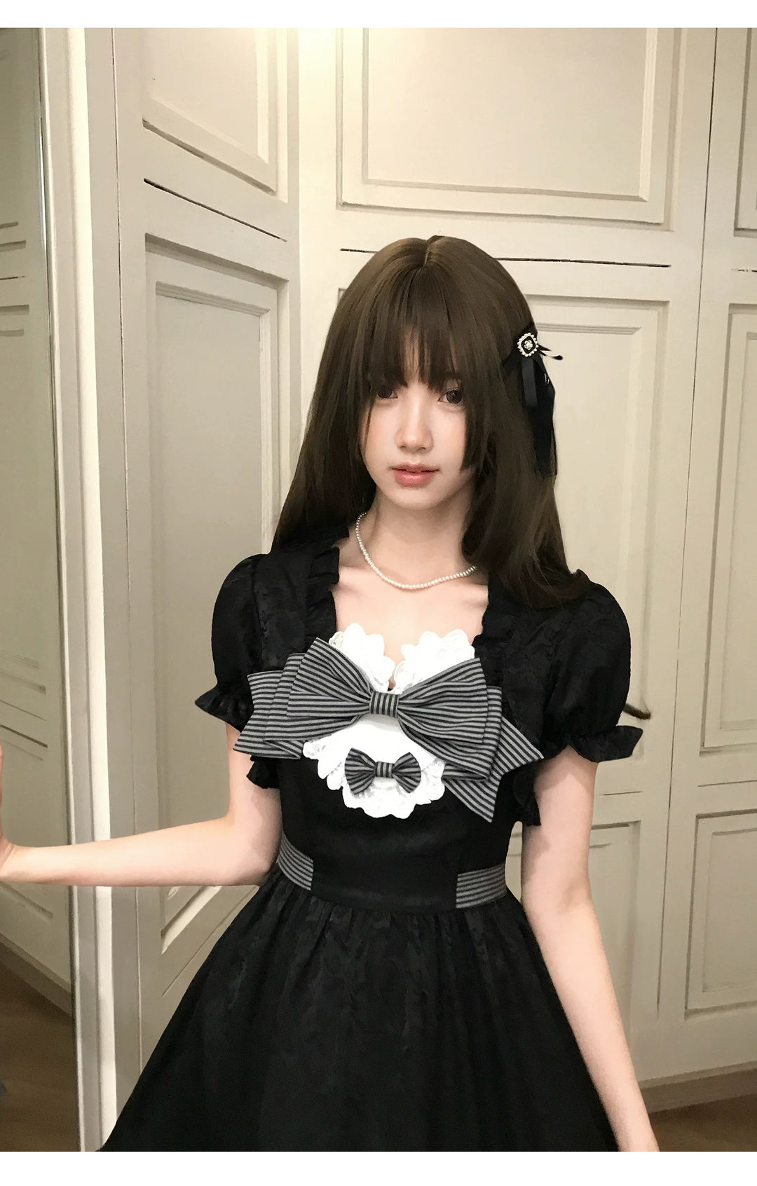 Black Jacquard A-Line Fluffy Dress, Striped Bows 45349:849886