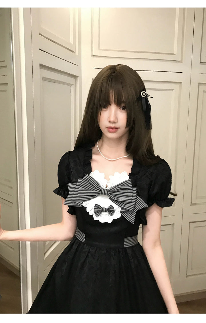 Black Jacquard A-Line Fluffy Dress, Striped Bows 45349:849886