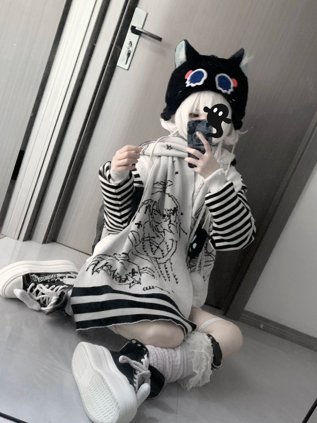 Yami Kawaii Coat Black White Striped Sweater Cat Ear Hoodie (L M) 40028:648912