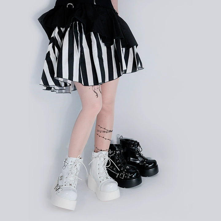 Punk Shoes Black White Platform Gyaru Fashion Combat Boots 29710:368896