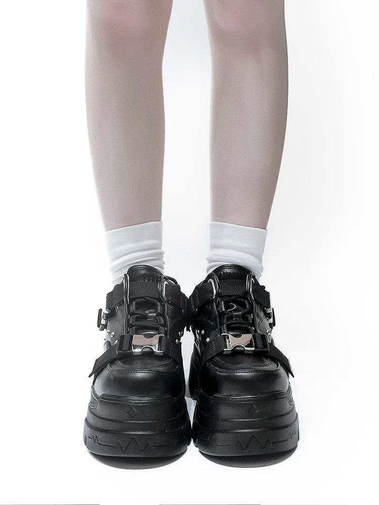 White/Black Punk High Platform Shoes, Metal Buckles 44400:807734