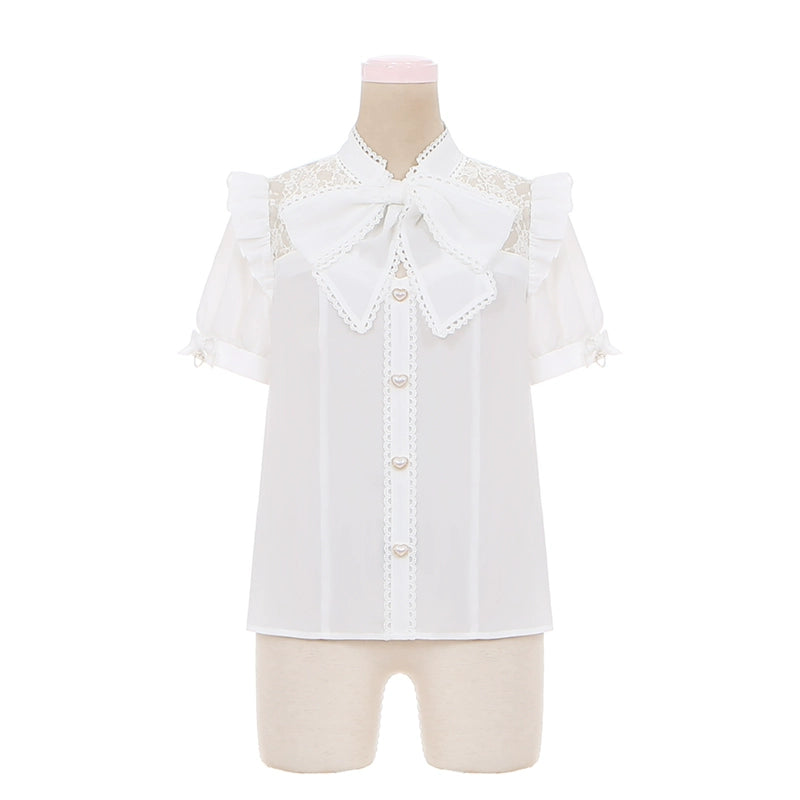White Jirai Kei Blouse with Ribbon & Blue Pleated Skirt With Elastic Band (L M S) 42979:760043