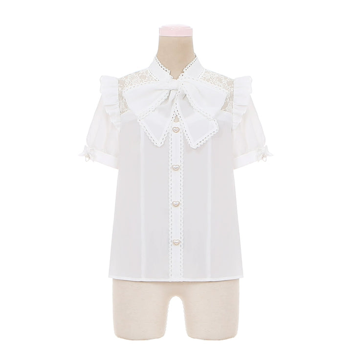 White Jirai Kei Blouse with Ribbon & Blue Pleated Skirt With Elastic Band (L M S) 42979:760043