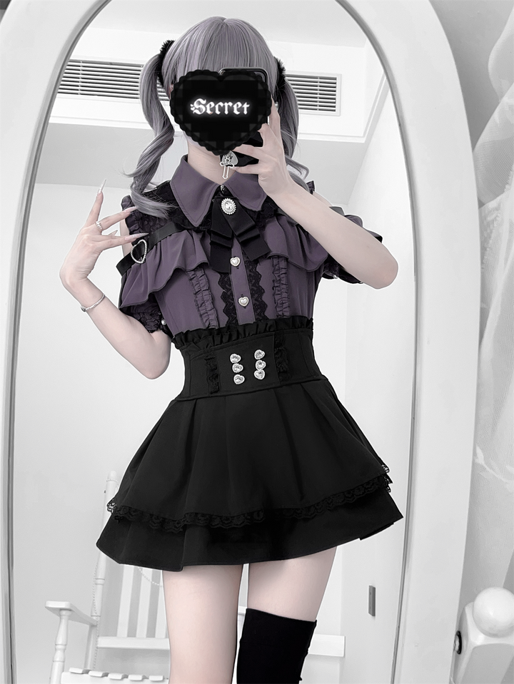 Black Jirai Kei Skirt High Waistband With Rhinestones 43246:771048