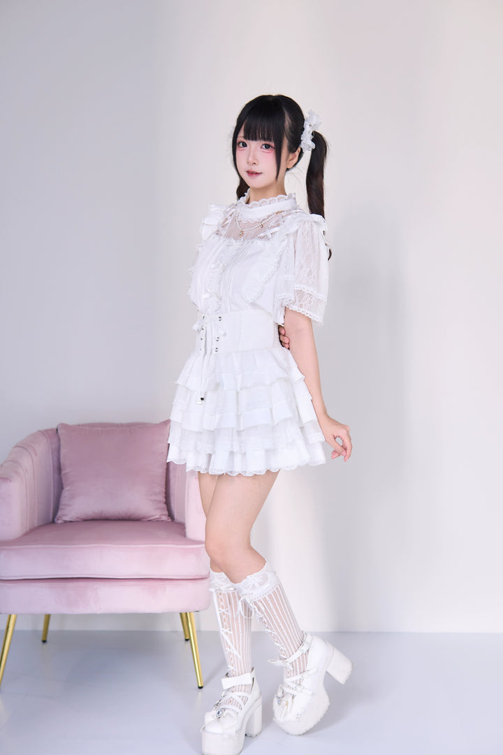 Jirai Kei Pearl Necklace Blouse & Lace-up Cake Skirt Set 43019:765673