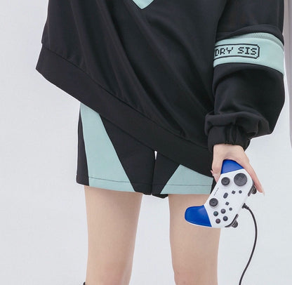 Jirai Kei Blue Black Sweatshirt Shorts Leg Warmers Loose-fit Set (L M) 29166:356896
