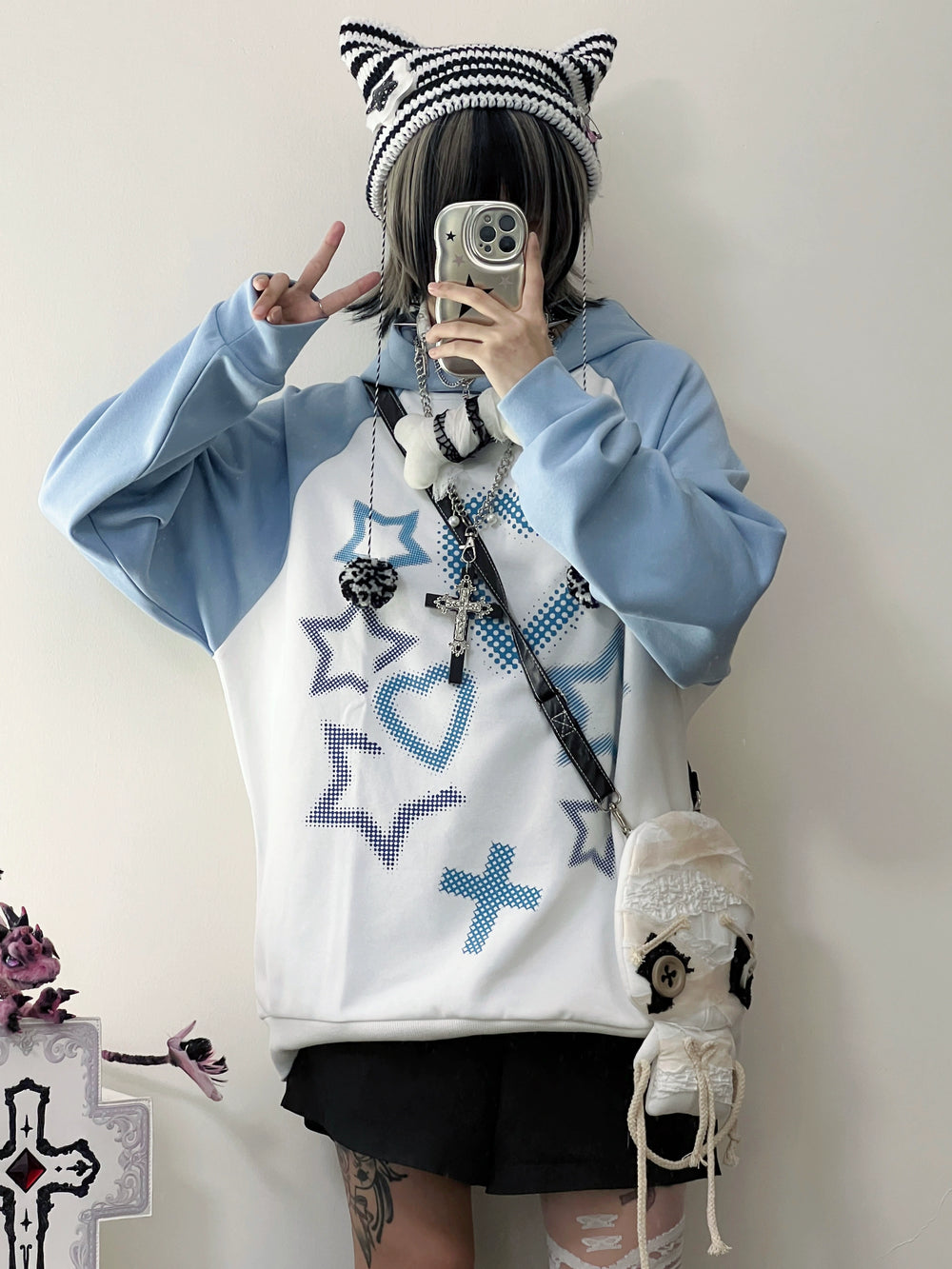 Tenshi Kaiwai Hoodie Blue Cross Sweatshirt (L M S) 29242:340768