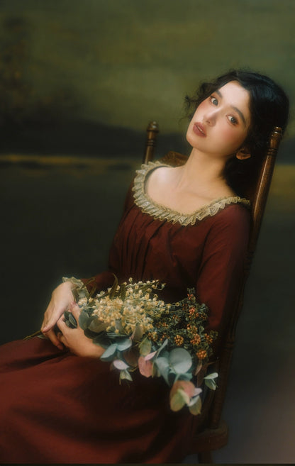 Mori Kei Dress Classical Oil Painting Dress Rust Red Dress 36348:544644