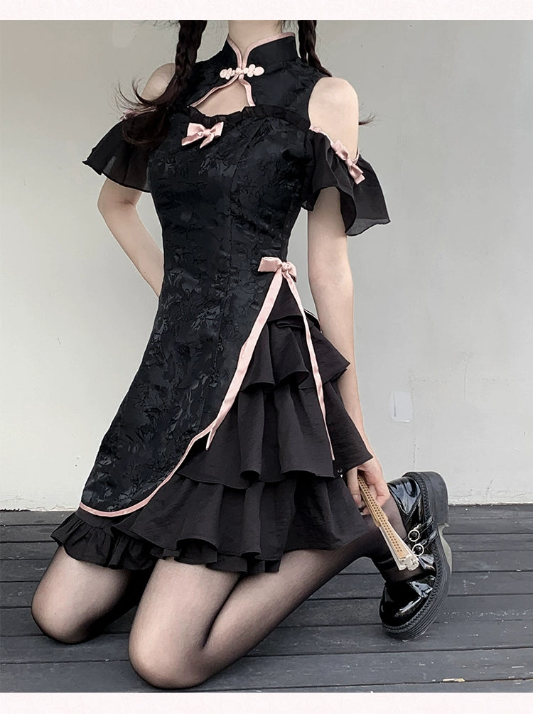 Gyaru Fashion Chinese Cheongsam Black White Dress 29526:350486