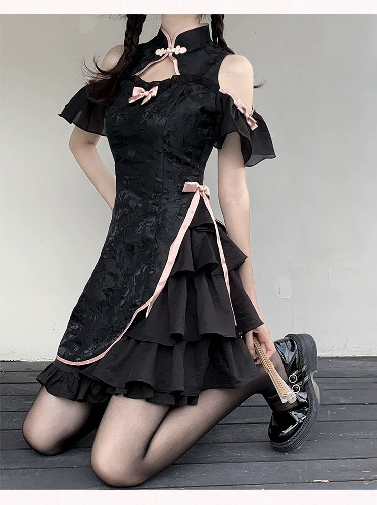 Spicy Girl Chinese Cheongsam Black White Dress 29526:350486