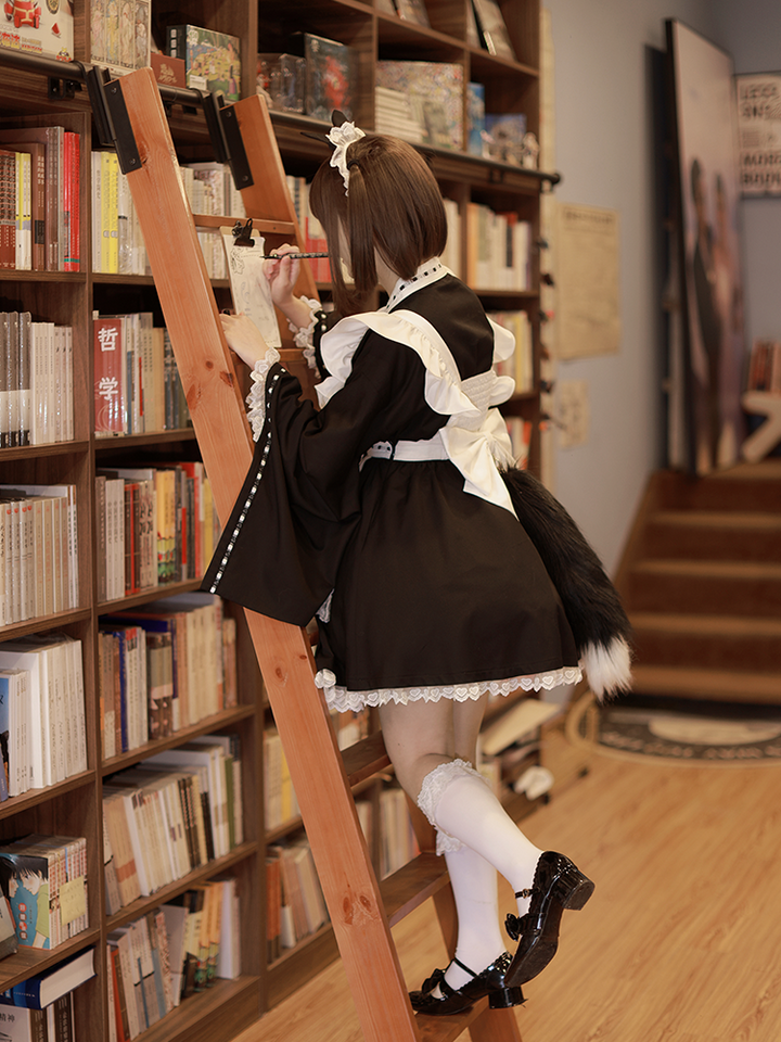 Kawaii Black Maid Blouse Flutter Sleeve Apron Suspender Skirt Set 42282:735138