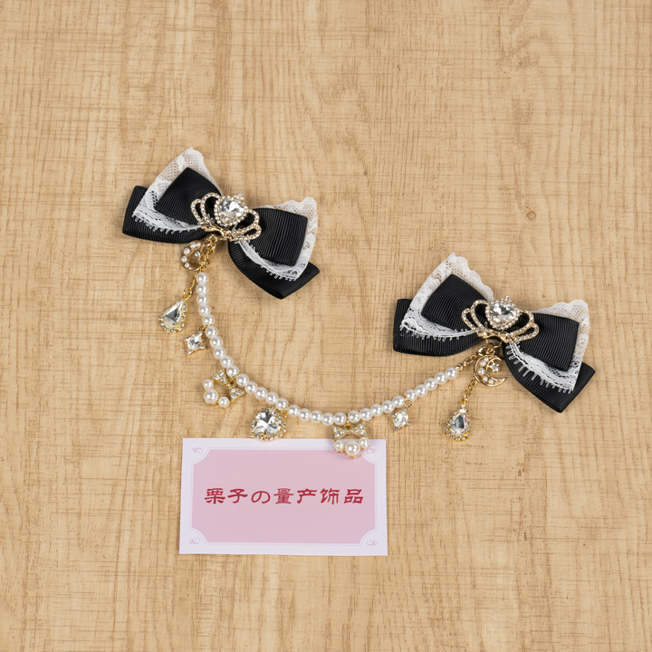 Jirai Kei Bow Hair Clips, Rhinestone Crown and Pearl Chain 44194:802726