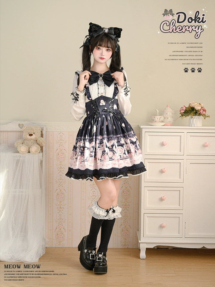 Kawaii Ryousangata Dress Long-sleeved Cat Printed OP Dress 40560:664780