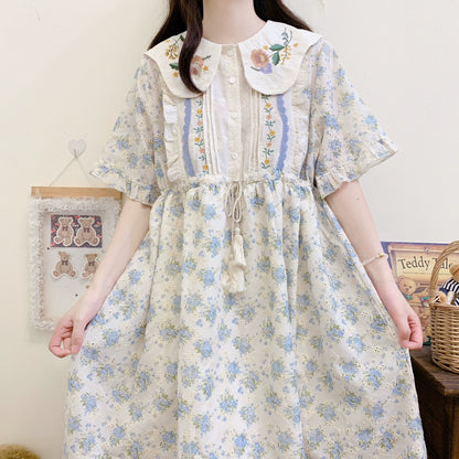 Cottagecore Dress Mori Kei Dress Blue Floral Dress 36236:526714