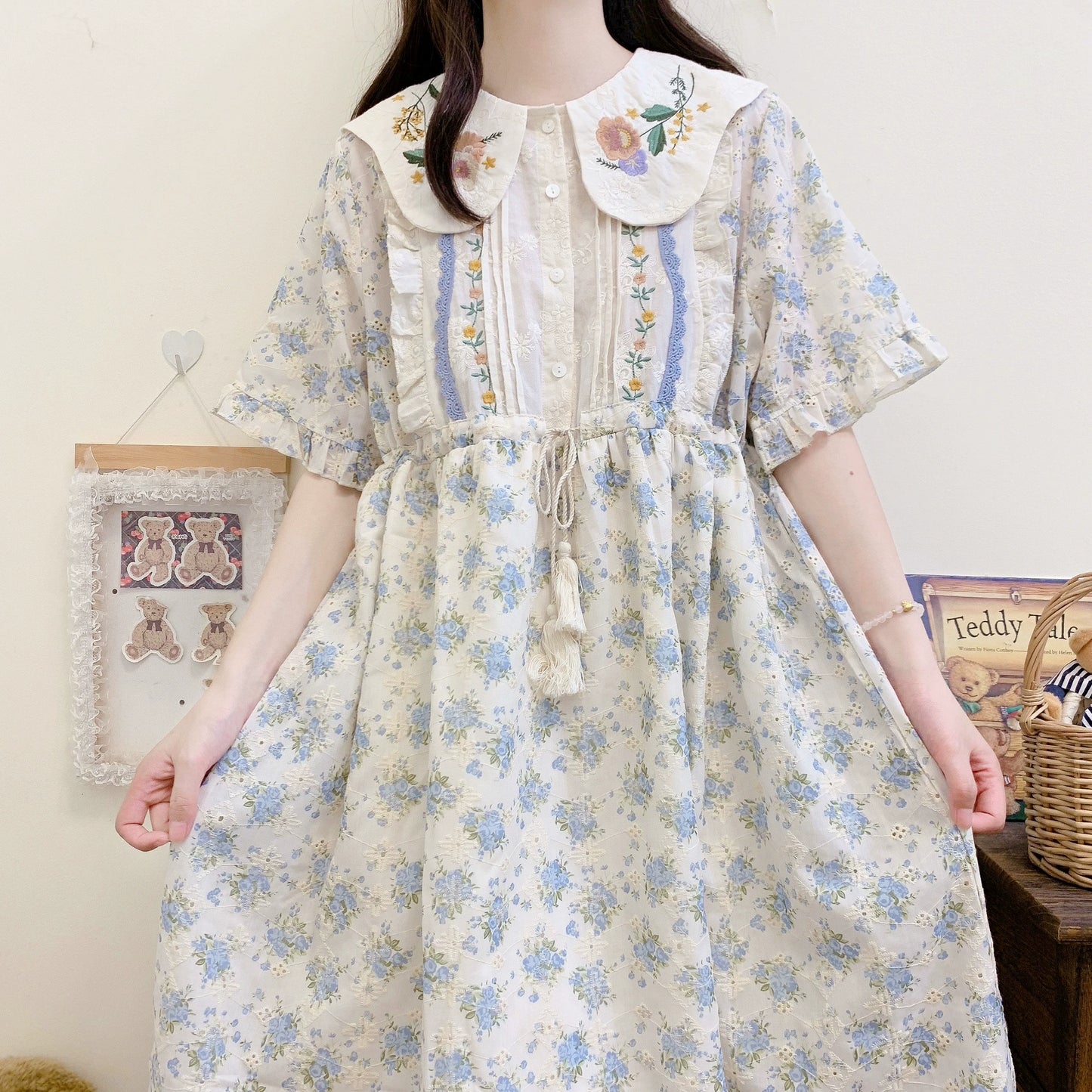 Cottagecore Dress Mori Kei Dress Blue Floral Dress (F) 36236:526704