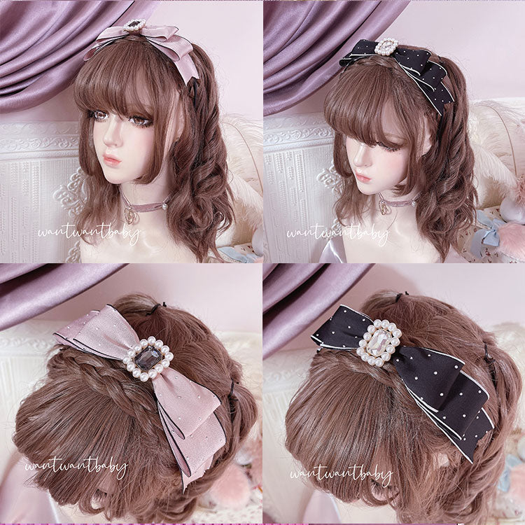 Jirai Kei Headdress Pink Black Headband Rhinestone Pearl 35634:500956 35634:500956