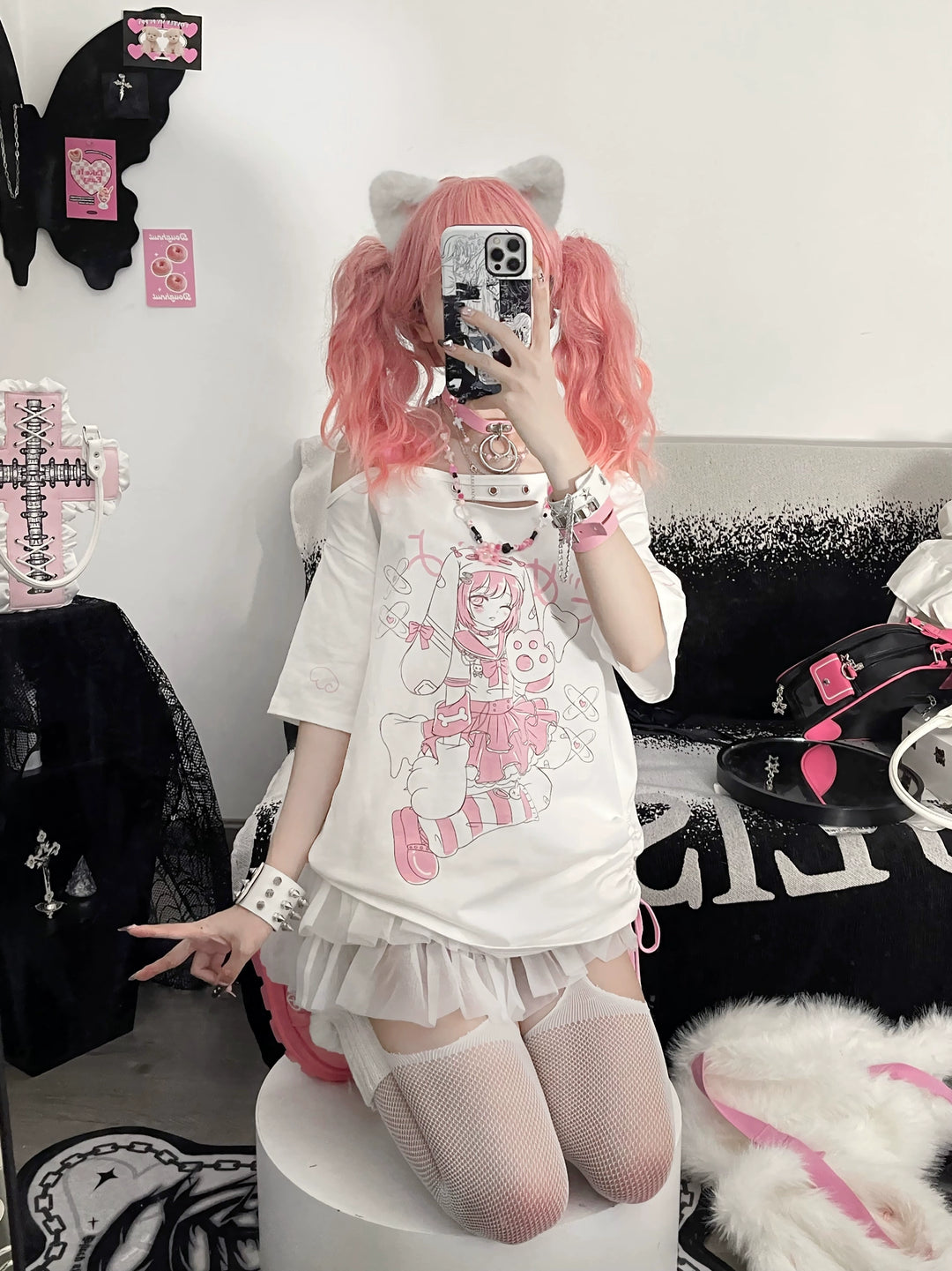 Y2K T-shirt Anime Print Subculture Off-shoulder Shirt 38524:592504