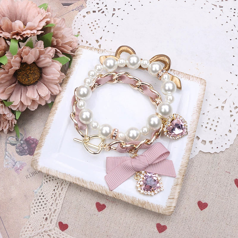 Jirai Kei Bracelets Pearl Hand Chain Double-layer Bracelets (Pink) 38108:583124