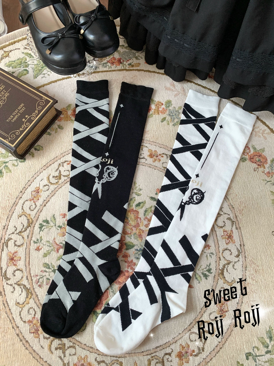 Gothic Lolita Over-the-Knee Socks, Scissor & Ribbon Patterns 44715:822264