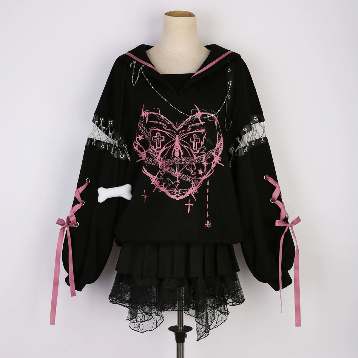 Jirai Kei Outfit Set Gothic Sailor Collar Sweatshirt Set (L M S) 35762:517384
