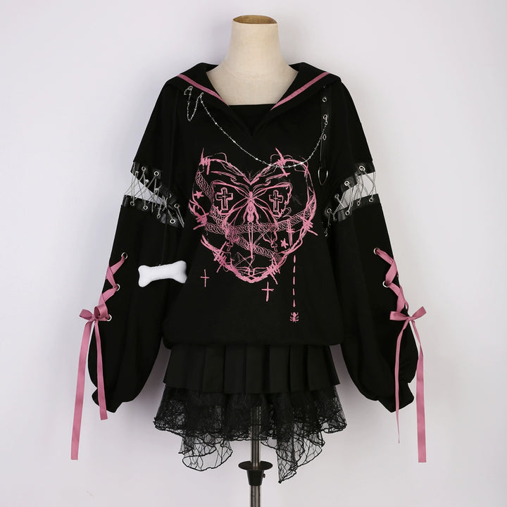 Jirai Kei Outfit Set Gothic Sailor Collar Hoodie Skirt Set (L M S) 35762:517384