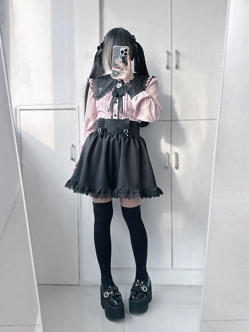 Jirai Kei Set Black Pink Sailor Collar Blouse Cross Skirt 37666:564490