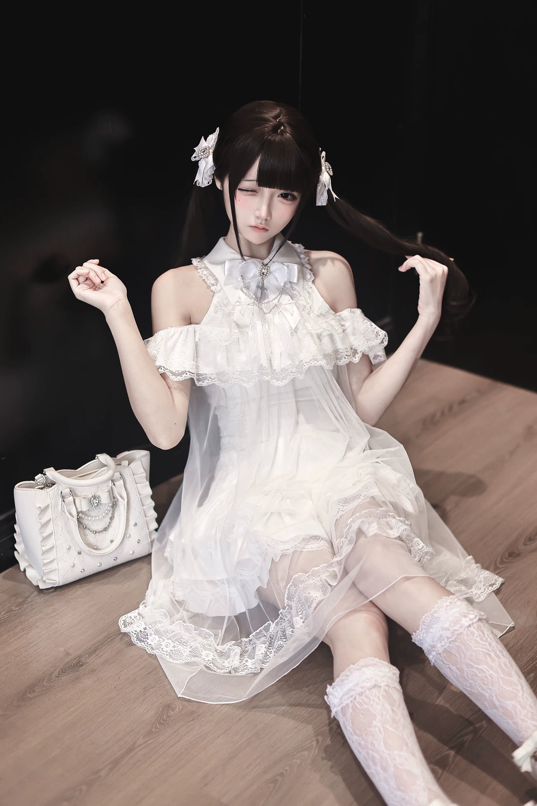 White Lace Open Shoulder Dress, Voile Outer Layered 45423:850576