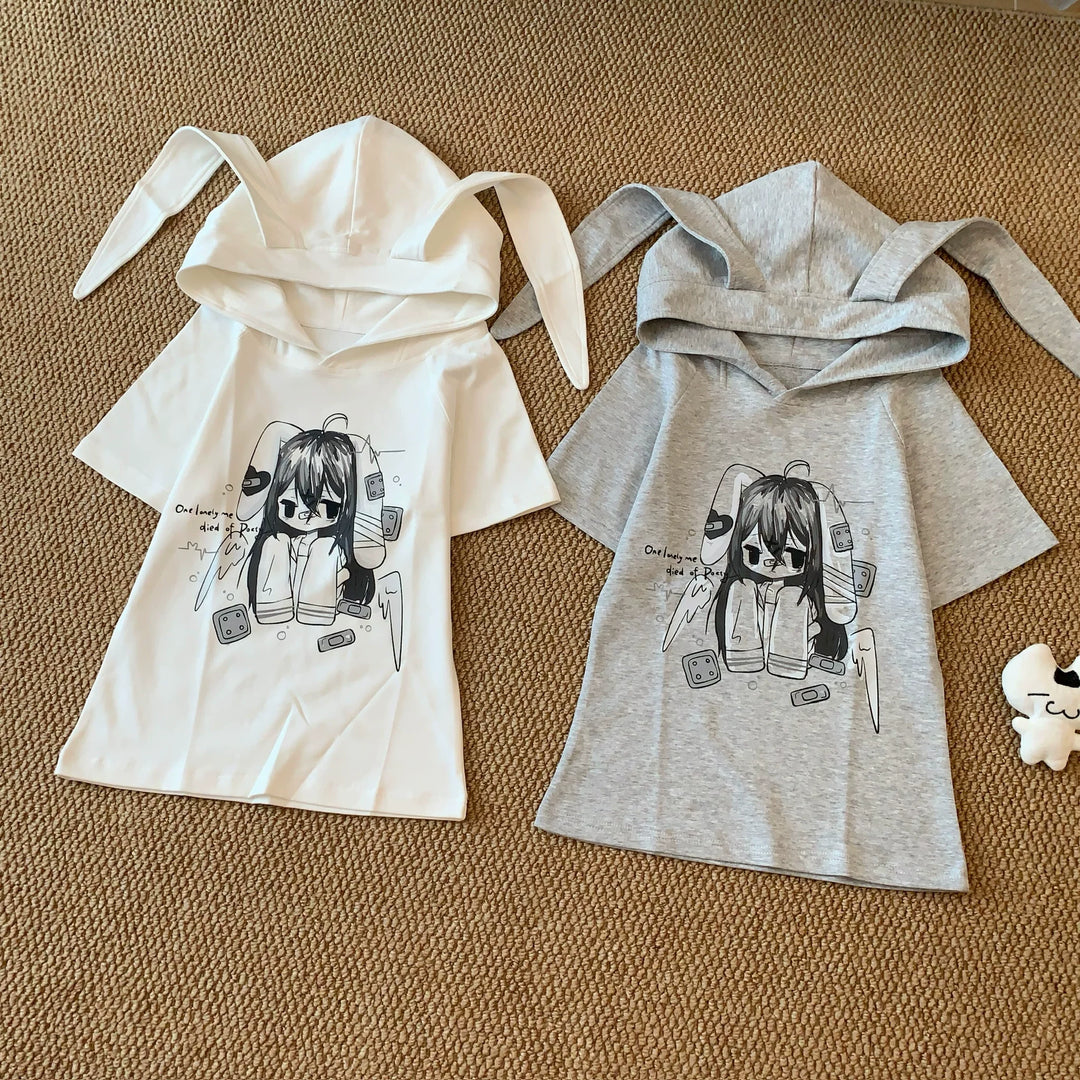 Kawaii Short Sleeve T-shirt, Bunny Ear Hooded Design 45642:856624