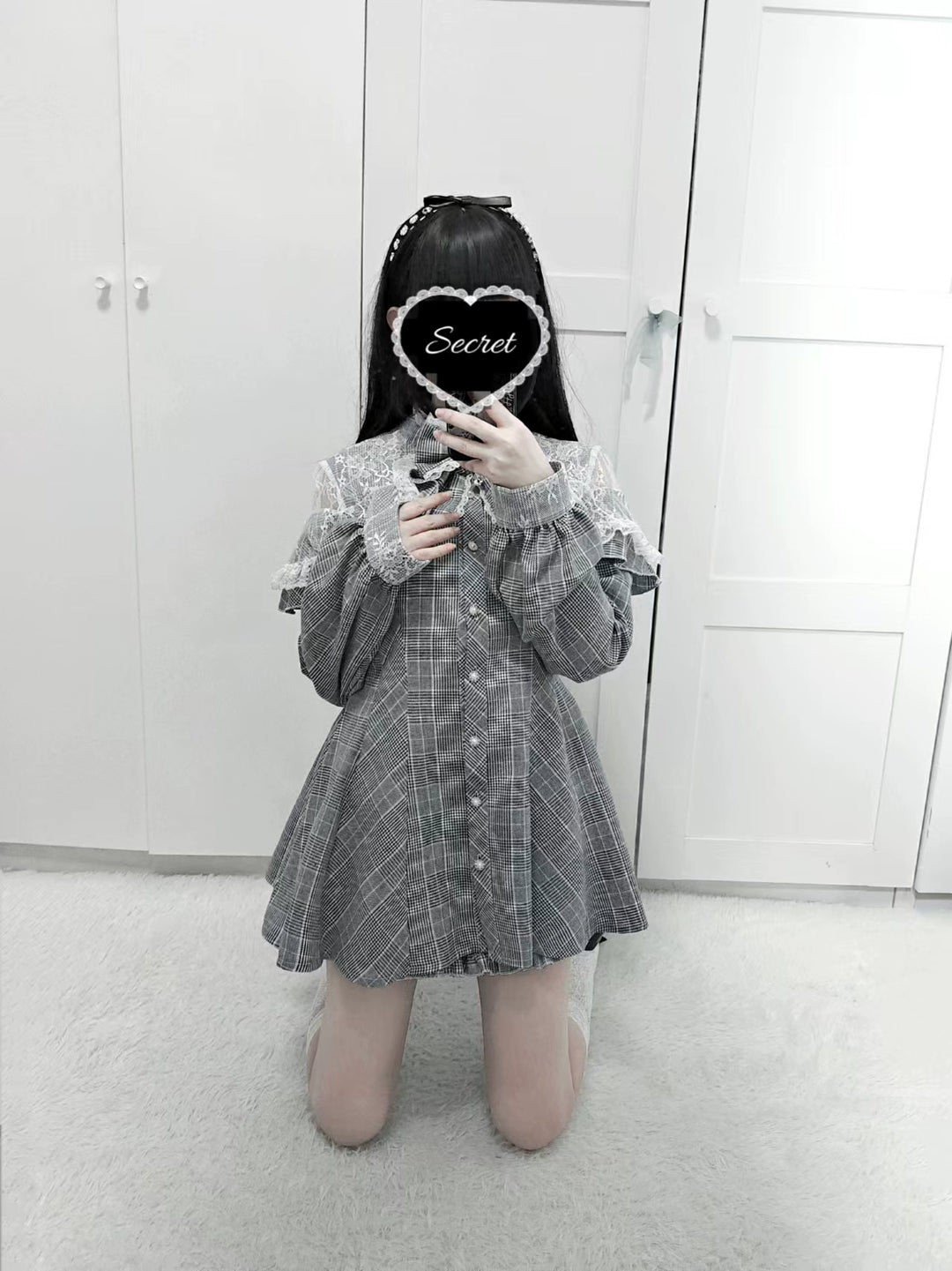 Jirai Kei Dress Set Gray Plaid Long-sleeved Dress And Shorts 41568:704936