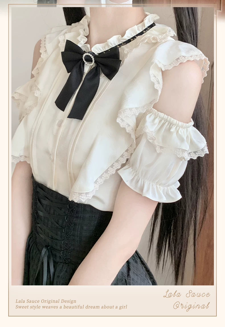 Black Jirai Kei Skirt Set with Open-shoulder Lace Blouse (L M S) 42239:819001