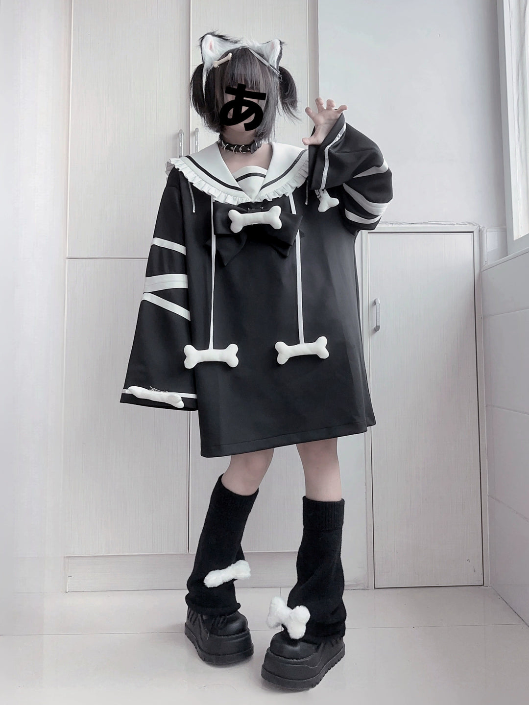 Jirai Kei Black White Dress Oversized Sailor Collar Dress 32016:380352 32016:380352