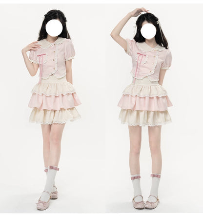 Kawaii Pink Outfit Set Sweet Tiered Skirt Set 37546:576750