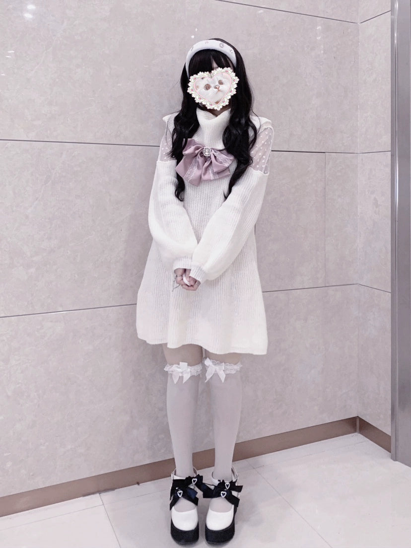 Jirai Kei White Sweater Dress Off-Shoulder Lace Dress 31844:372100