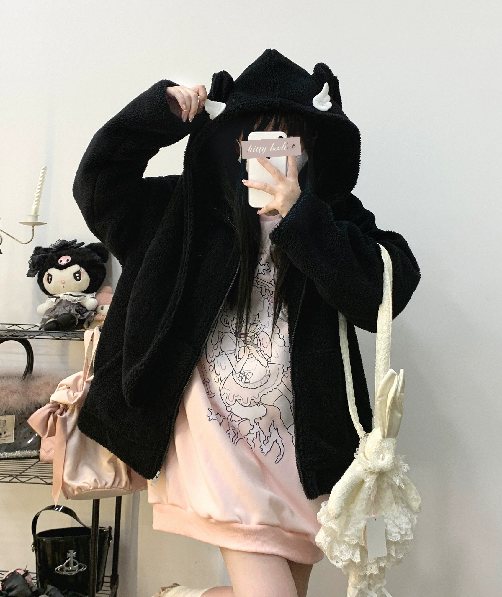 Jirai Kei White Black Coat Zipper Rabbit Ear Lamb Fleece Coat