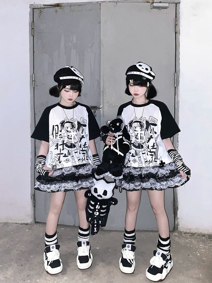 Subculture Shirt Black White Raglan Sleeve T-shirt Anime Top 37742:579314