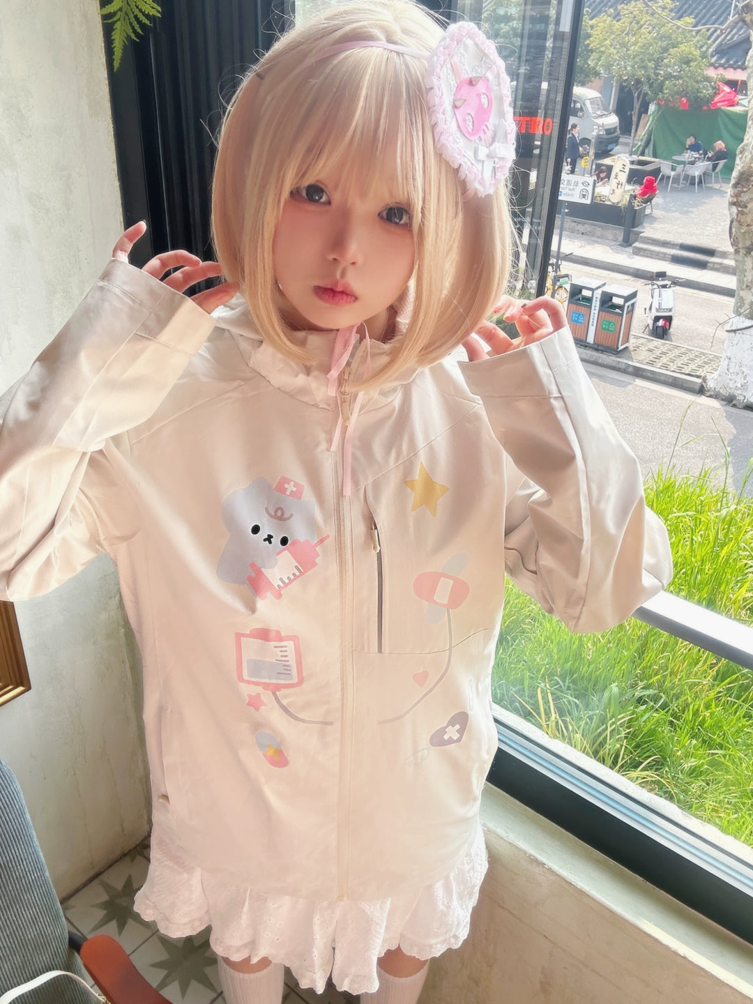 Kawaii Medical Coat Cat Print Coat Beige Hooded Top 38058:579284