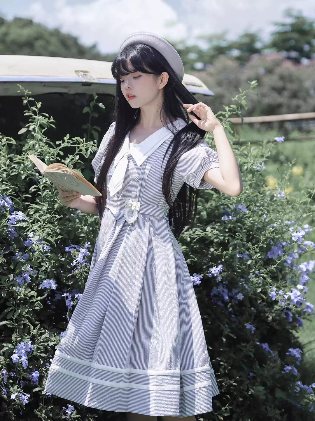 Summer JK Uniform Striped Dress, Sailor Collar 43627:781339