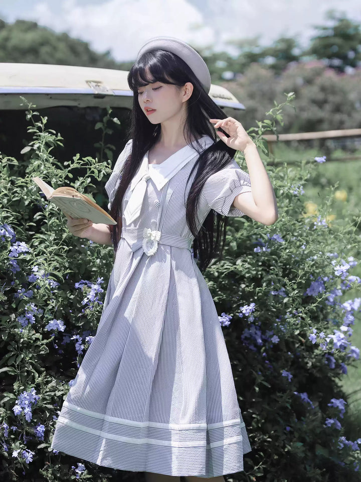 Summer JK Uniform Striped Dress, Sailor Collar 43627:781339