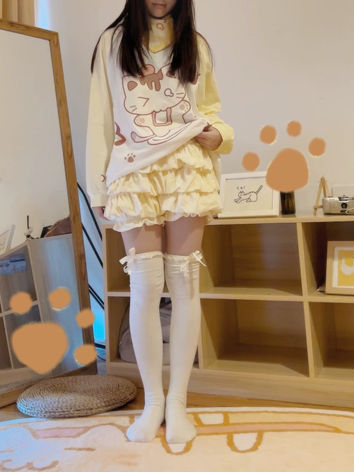 Kawaii Creamy Yellow Raglan Sleeve Long T-shirt Hoodie (L M S) 22668:338348 (L M S) 22668:338348