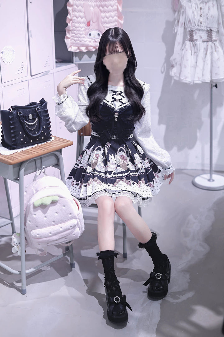 Sweet Lolita Sailor Collar OP Dress, Strawberry & Bunny Print 45872:872432