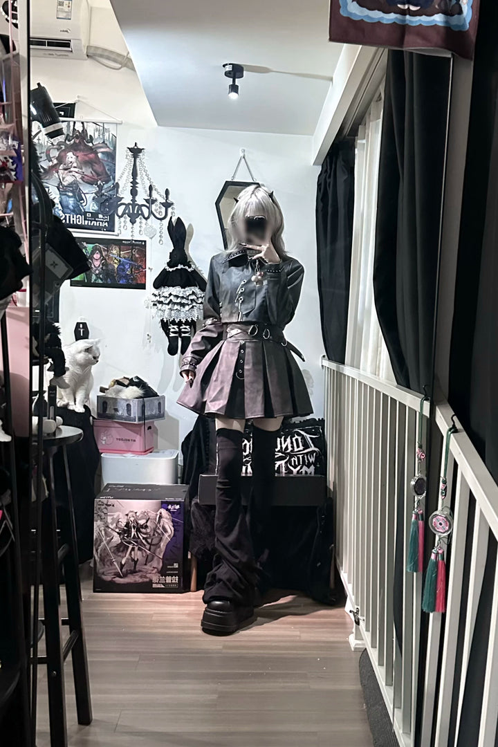 Punk Style PU Jacket, Pleated Skirt 44568:817825
