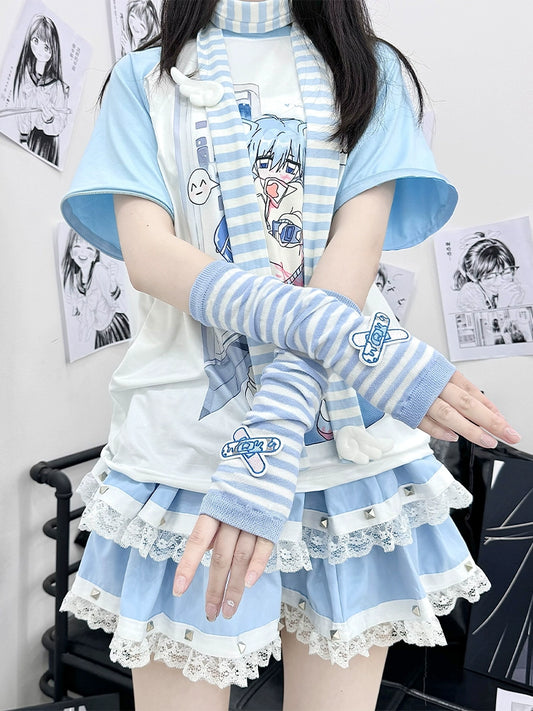 Tenshi Kaiwai Hand Sleeves Y2K Blue Striped Arm Sleeves 38242:581144