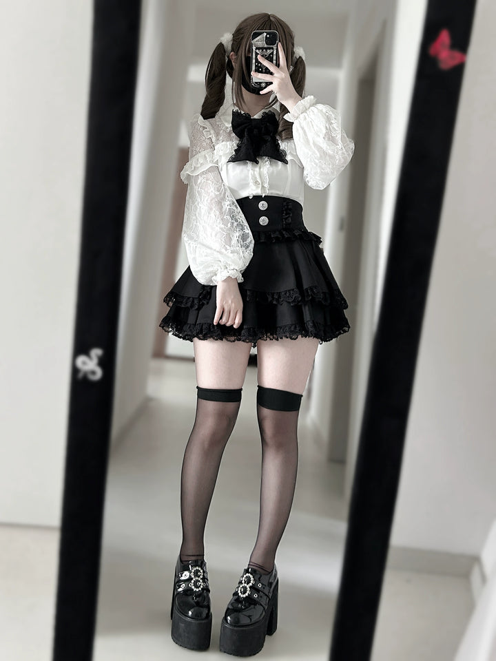 Lace Trimed Jirai Kei Skirt, Detachable Waist Bow 43512:778907