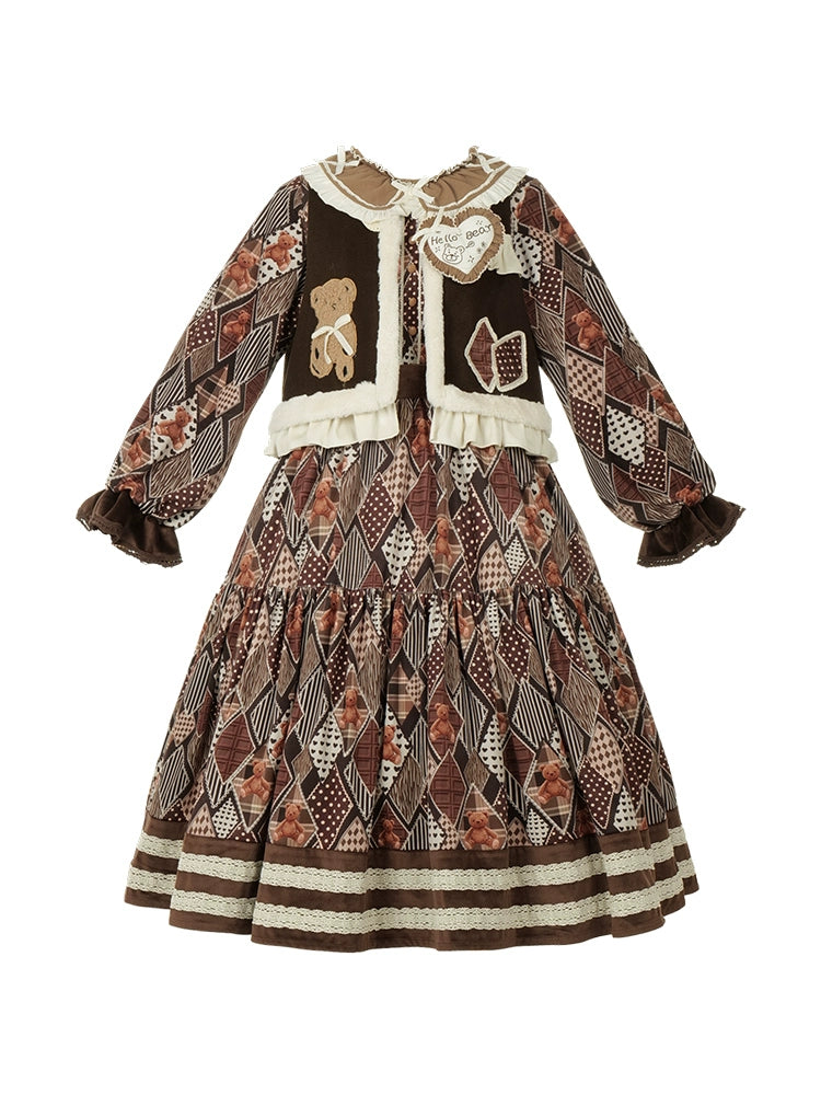 Sweet Lolita Dress Bear Embroidered Long Sleeve Dress And Vest 32068:382234