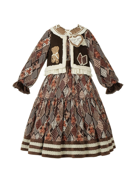 Lolita Dress Bear Embroidered Long Sleeve Dress And Vest 32068:382234