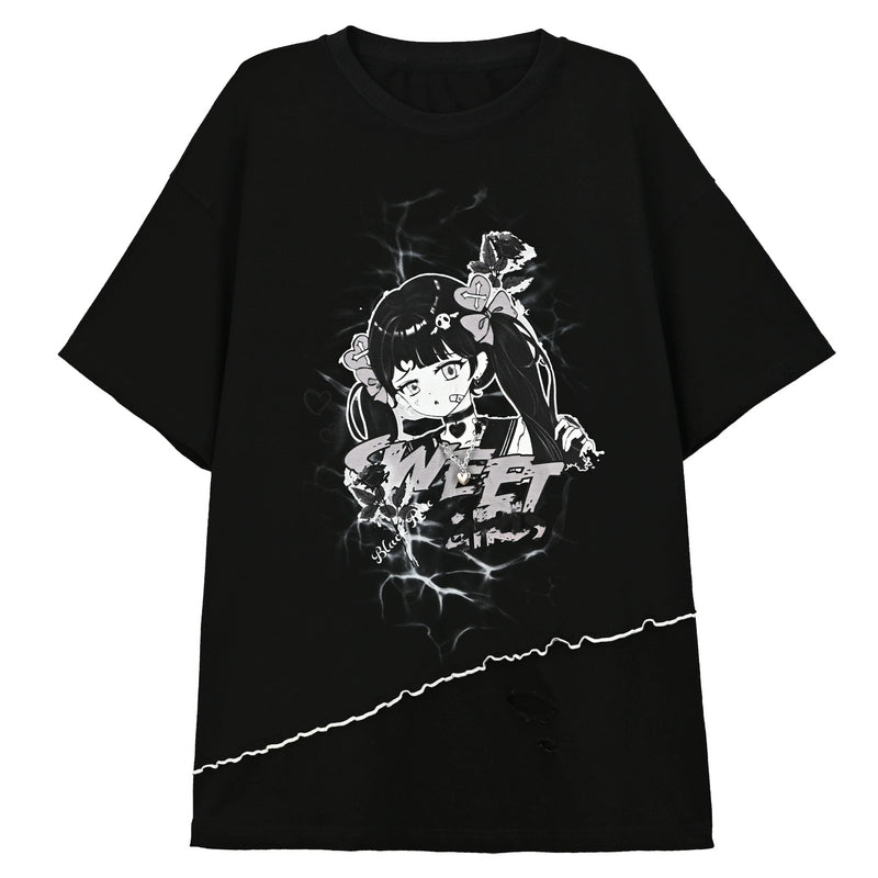 Y2K T-Shirt Anime Top Ripped Design (Black / L M S) 35898:559840