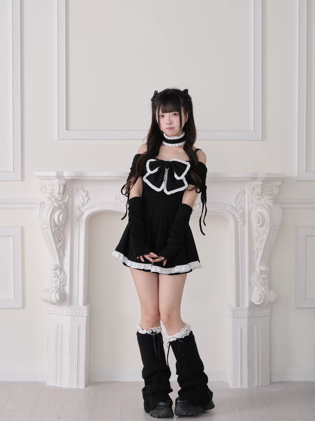Jirai Kei Dress Set, Off-Shoulder Dress, Ruffled Choker 44943:830409